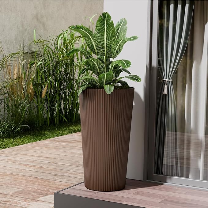 Tall Outdoor Planter Set of 2-23.6" Large Striped Plastic Flower Pots, Decorative Indoor/Outdoor Planters for Porch, Patio, Balcony & Garden, Brown