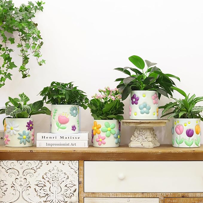 GUGUGO Cute Daisy Flower Pot, Decorative Plant Pots with Drainage Holes, Funny Unique Planters for Indoor Plants, Colorful Succulent Gardening Pot for Plants, Boho Modern Home Décor (Green, 5 Inch)