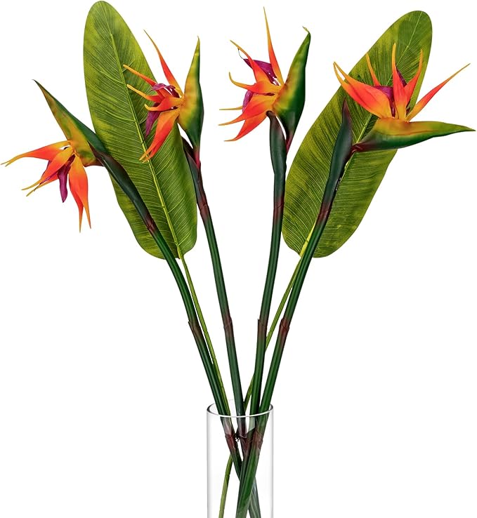 Artificial Bird of Paradise Flowers Real Touch 31.5'in Long Stem Flower 4 Pcs, with Bird of Paradise Leaves 33.5'in Long Stem Greenery Plants 2 Pcs,for Home Garden Wedding Party Decor (Orange 6 Stems)