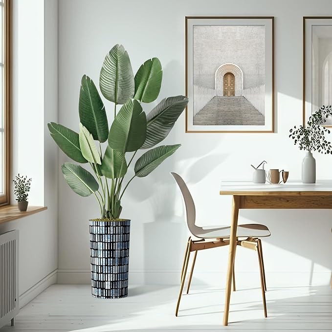 Artificial Tree in Contemporary Blue Stripe Patterned Planter, Fake Bird of Paradise Silk Tree for Indoor and Outdoor Home Decoration - 67" Overall Tall (Plant Pot Plus Tree)
