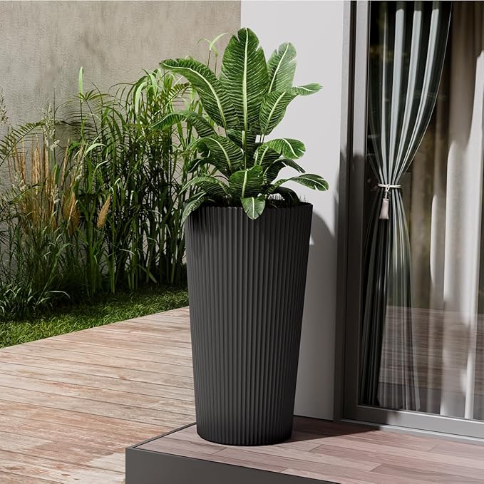 Tall Outdoor Planter Set of 2-23.6" Large Striped Plastic Flower Pots, Decorative Indoor/Outdoor Planters for Porch, Patio, Balcony & Garden, Black