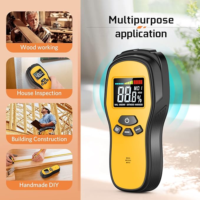 Pinless Moisture Meter - Povlen Wood Moisture Meter Digital Moisture Detector for Lumber Drywall Firewood Masonry Woodworking Plaster Floor Concrete Building with LCD Display Sound Alarm