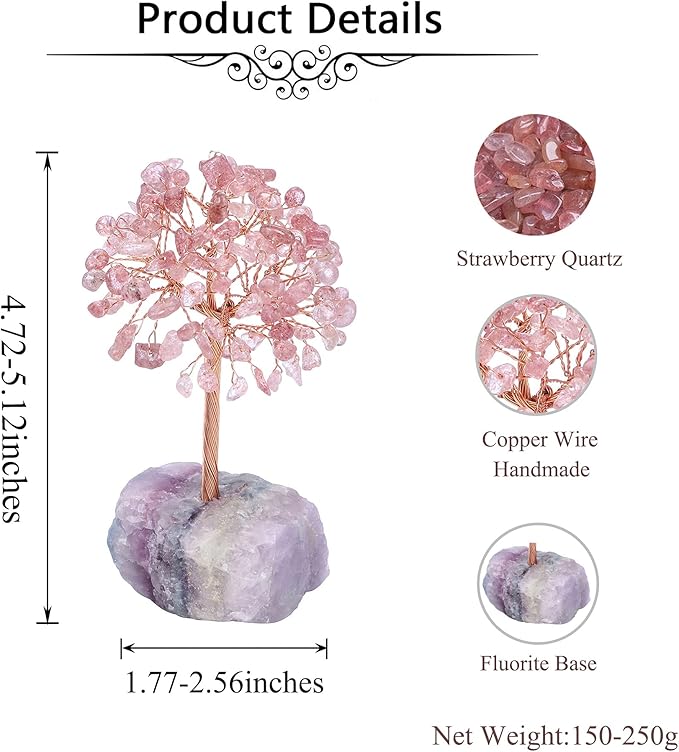 Jovivi Natural Strawberry Quartz Crystal Tree, Raw Healing Crystals Fluorite Base Bonsai Money Tree for Home Office Table Decor Wealth and Luck