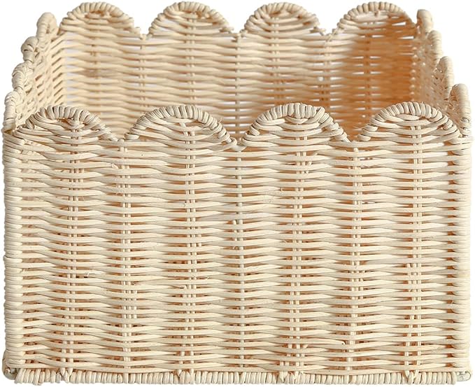 Scalloped Edge Basket, Wicker Storage Baskets, Hand Woven Baskets for Shelves,Natural Baskets for Organizing (S+M-Rattan)