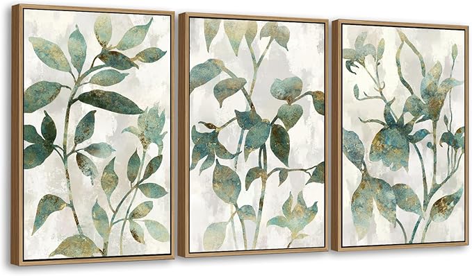 Large Framed Canvas Wall Art - Natural Float Framed Rustic Green Flowers Leaves Pictures Paintings White Grey Artwork Decor for Bedroom Living Room Kitchen Home Office Decoration 96" X 48" Set of 3