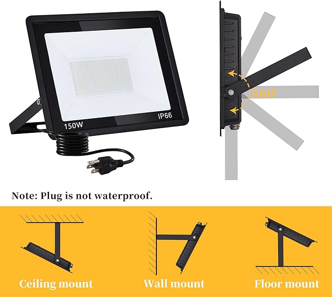2 Pack 150W LED Flood Light Outdoor Plug in,15000 LM Super Bright Security Lights,IP66 Waterproof LED Work Light 6000K Daylight White,Floodlights for Garage,Yard,Garden,Playground