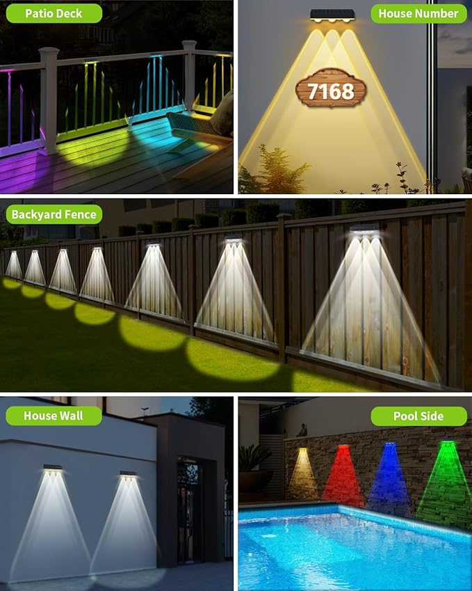 Solar Fence Lights Outdoor 8 Pack Waterproof High Brightness Upgraded 3 LED Lens Solor Deck Lights Warm & Cool White RGB 10 Colors Outside Solar Powered Wall Light for Backyard Patio Step Railing