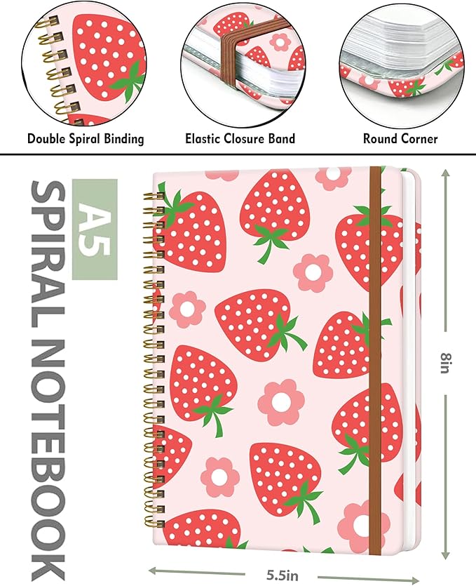 Spiral Journal Notebook for Women, Hardcover A5 College Ruled Notebook, 120 Pages, Thick Paper, Cute Lined Journal for School, Office & Work, 6 x 8.4 in(Pink Strawberry Flower)