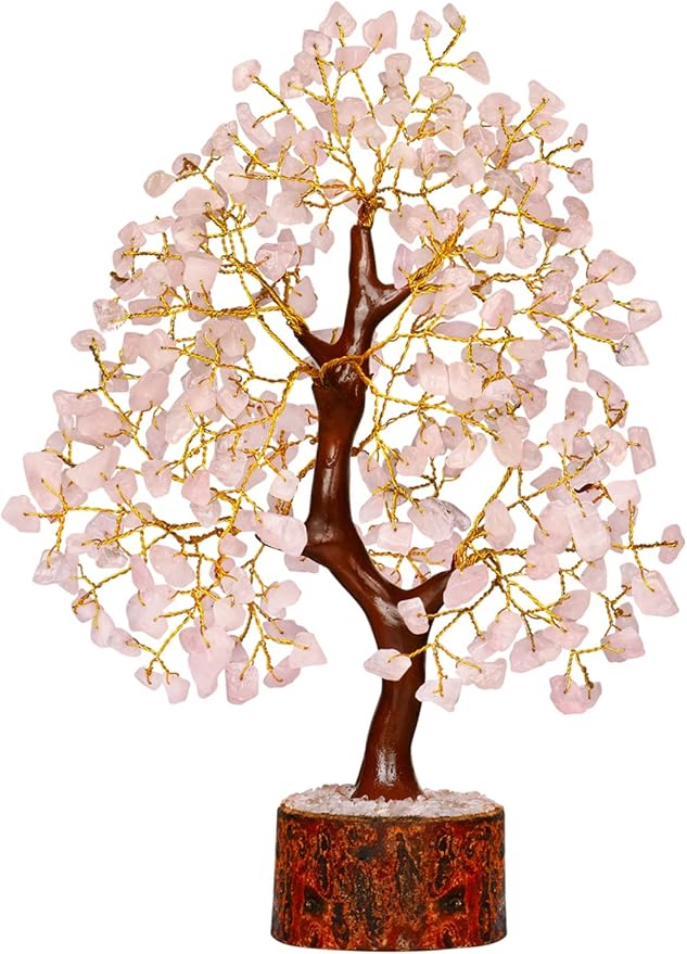 NARIBABU Rose Quartz Crystal Tree – 10-12 Inch Gemstone Tree with Golden Wire & Wooden Base – Healing Crystals Decor, Gifts for Her, Birthday Gift for Women, Spiritual Energy