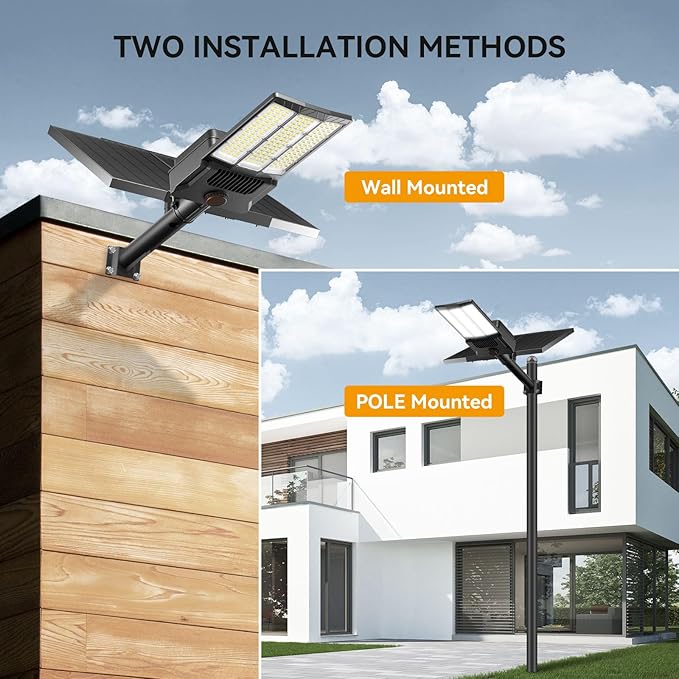 12000W Solar Street Light with Dual Solar Panels, Commercial Grade Parking Lot Lights with Large LEDs, Flood Lights Outdoor wth Motion Sensor and Remote Control for Yard, Street 1 Pack