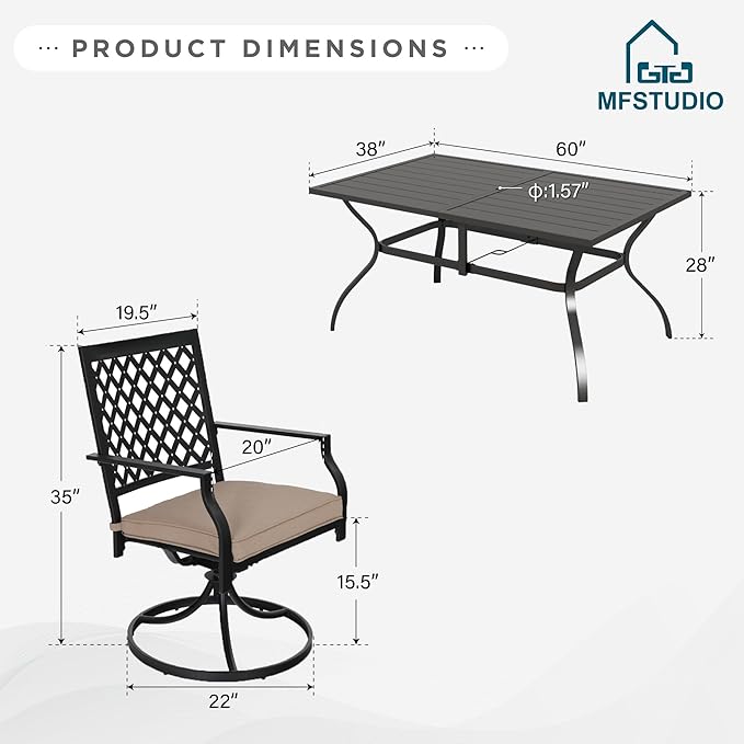MFSTUDIO Patio Dining Set for 6, Outdoor Dining Set with 1 Rectangular Metal Table 6 Swivel Chairs, Outdoor Table and Chairs Set with Umbrella Hole for Deck, Backyard, Countyard & Garden