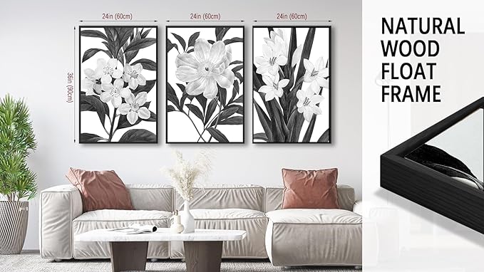 Large Framed Flower Wall Art - Blooming Floral Wall Decor 24"x36" Set of 3 Black and White Painting Prints Vintage Botanical Canvas Pictures for Living Room Bedroom Office Artwork