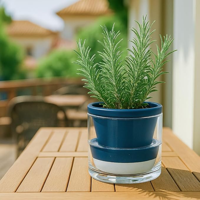 D'vine Dev 6 Inch Design Self Watering Planter for Indoor Plants, Blue Terracotta Pot with Cylinder Glass Cup, Set of 2, 37-Y-B-4