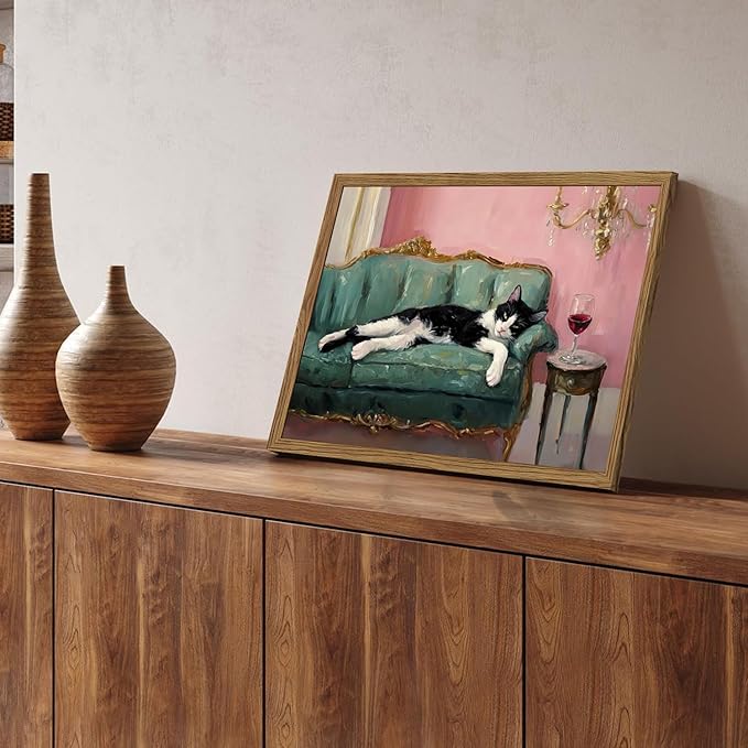 Fun Cat Wall Art Cute Tuxedo Cat With Red Wine Wall Decor Whimsical Animal Cocktail Bar Cart Canvas Poster Quirky Pet Lover Picture Print for Dining Room Living Room Wood Framed 16x24 inch