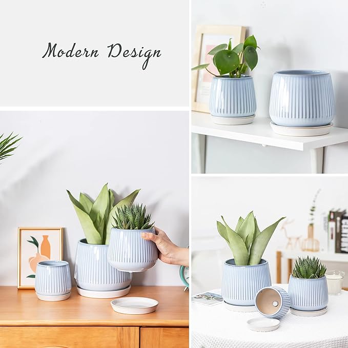 TAMAYKIM 4.25 + 5.5 + 7 Inch Ceramic Plant Pots with Drainage Holes and Saucers, Small to Large Planter Sets for Plants, Succulent, Cactus and Herbs, Blue, Set of 3