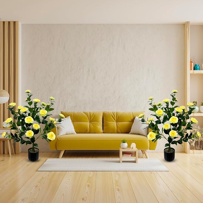WAYNHUI Tall Artificial 2Pack Yellow Camellia Tree Potted Bushes UV Resistant Potted Plants for Indoor Outdoor Home Garden (2Pack Yellow Camellia Tree), xyc-2