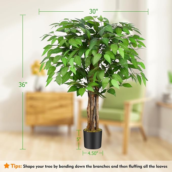 3ft Ficus Artificial Trees with Natural Curved Trunks, 36" Tall Lush Faux Tree for Home Decor Indoor, Green Lifelike Fake Ficus Tree Artificial Plants