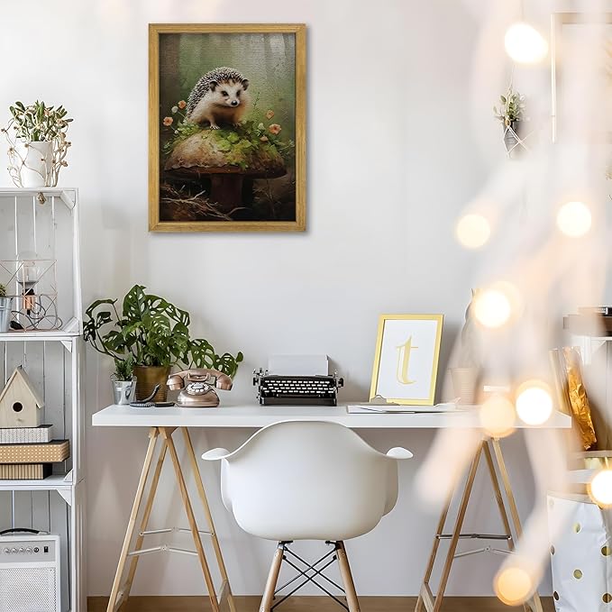SAMHOU Framed Hedgehog Decor Painting, 3D Textured Hand Drawn Sandstone Wall Art, Vintage Rustic Woodland Cottagecore Wall Decor, Cute Animal Nursery Print Oil Paintings 12''x16''