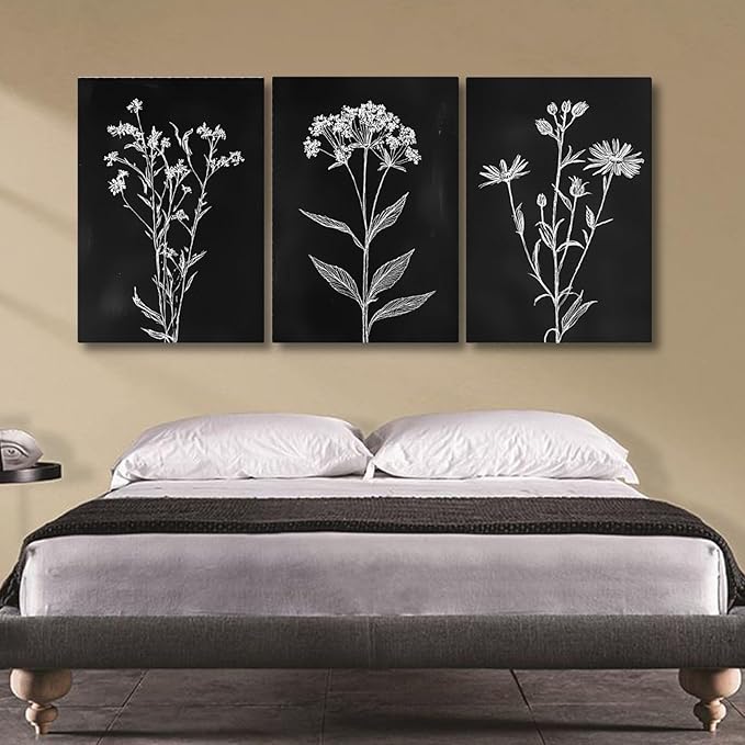 sawjug Black And White Botanical Canvas Wall Art,Minimalist Wildflower Wall Decor,Vintage Botanical Floral Wall Painting for Living Room, Bedroom,Office (24" x 36" x 3 pcs)