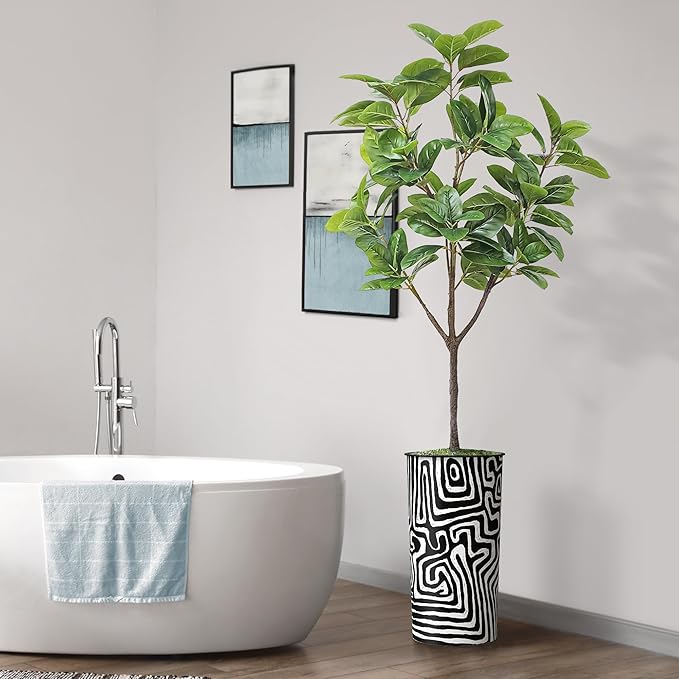Artificial Tree in Modern Geometric Pattern Planter, Fake Rubber Silk TRE for Indoor and Outdoor Home Decoration - 70" Overall Tall (Plant Pot Plus Tree)