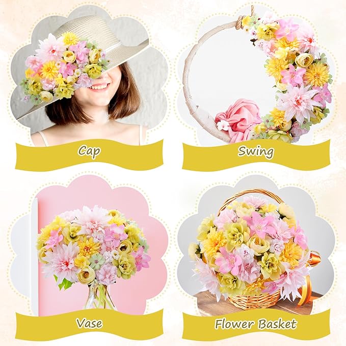 80 Pcs Assorted Fake Flower Heads Mini Artificial Flower Heads Bulk Silk Faux Daisy for Crafts Fake Peony Rose for Wedding Party Wreath Home Decoration (Pink, Green, Yellow)