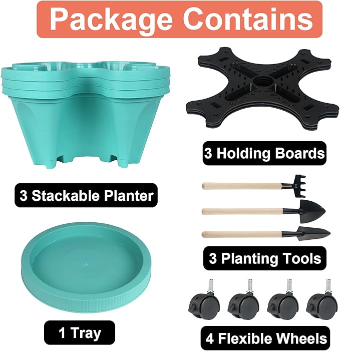 GameXcel Vertical Planter 3 Tier Stackable Planters Garden Planters Strawberry Herb Flower and Vegetable Planter Indoor Outdoor Gardening Pots with Removable Wheels and Tools