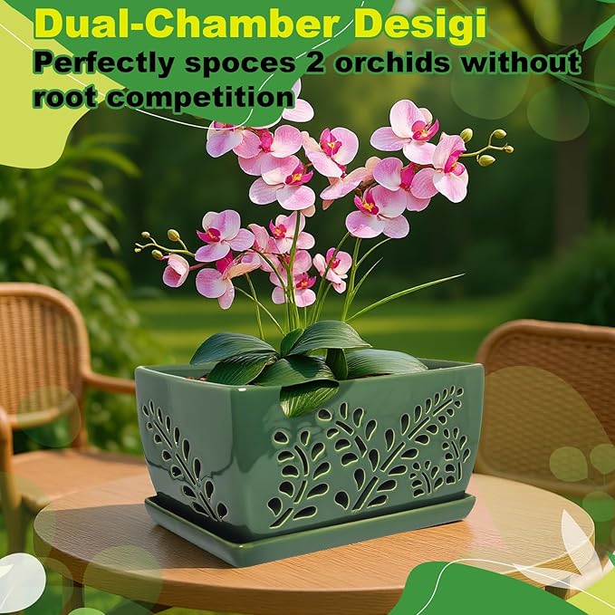 Ceramic Orchid Pot, 10 Inch Orchid Pots with Holes, Premium Thickened Handmade Glazed Pot for Orchidaceae Plants, Indoor Outdoor Decorative Flower Pots for Easy Repotting