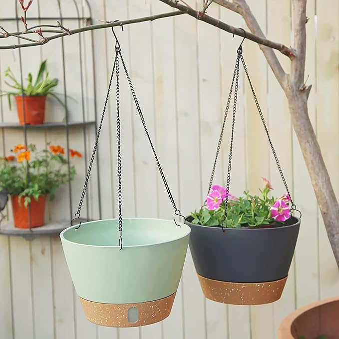 ZMTECH 8 Inch Hanging Planters for Indoor Plants, Hanging Baskets for Plants Outdoor with Visible Water Level, Hanging Flower Pots with Drainage Holes & Removable Tray(2 Pack, Gray)