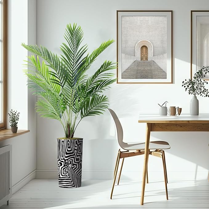 Artificial Tree in Modern Geometric Pattern Planter, Fake Areca Tropical Palm Silk Tree for Indoor and Outdoor Home Decoration - 66" Overall Tall (Plant Pot Plus Tree)
