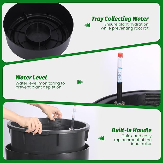 IDEALHOUSE Set of 2 Tall Planters for Outdoor Plants - 22 in Large Planters for Outdoor Indoor Plants with Water Level Monitor, Inner Bucket, Automatic Watering, for Porch, Patio, Backyard, Black