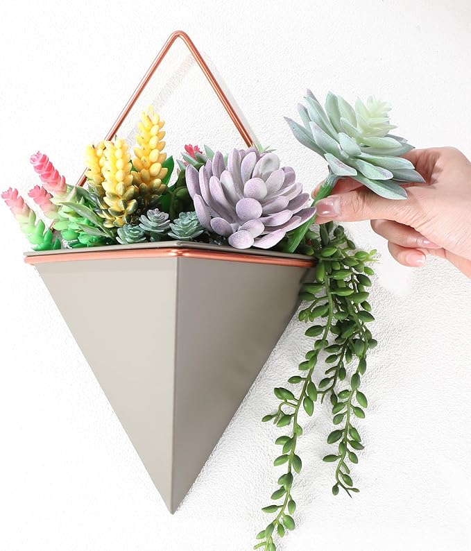 Rtteri 15 Pcs Hanging Wall Planter with Artificial Succulents Plants Indoor Decor, Faux Wall Planter with Geometric Vase Pot (8.2/5.9/4 Inch Size) Art for Home Bedroom Room