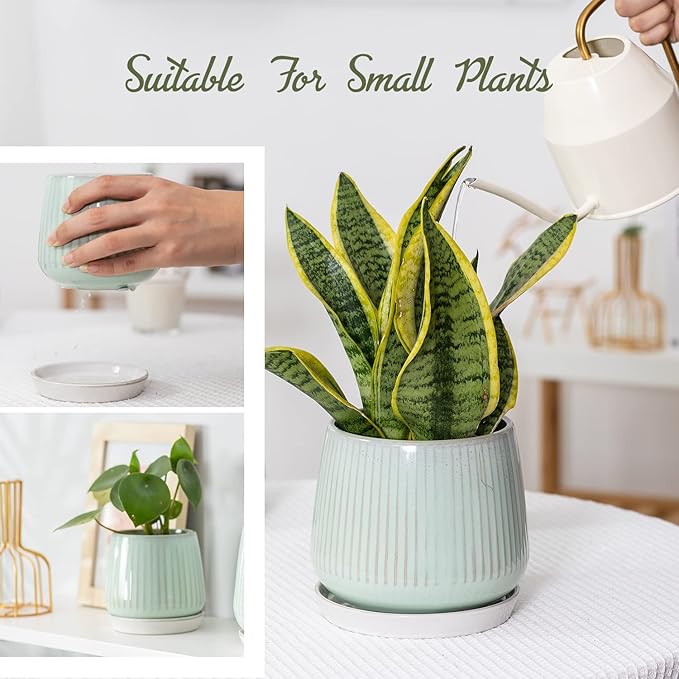 3.5 Inch Ceramic Succulent Planter Pots with Drainage Hole and Saucers, Small Glazed Ceramic Plant Pots for Indoor Flowers, Herbs, Cactus, Outdoor Plants, Green, Set of 4 (Plants Not Included)