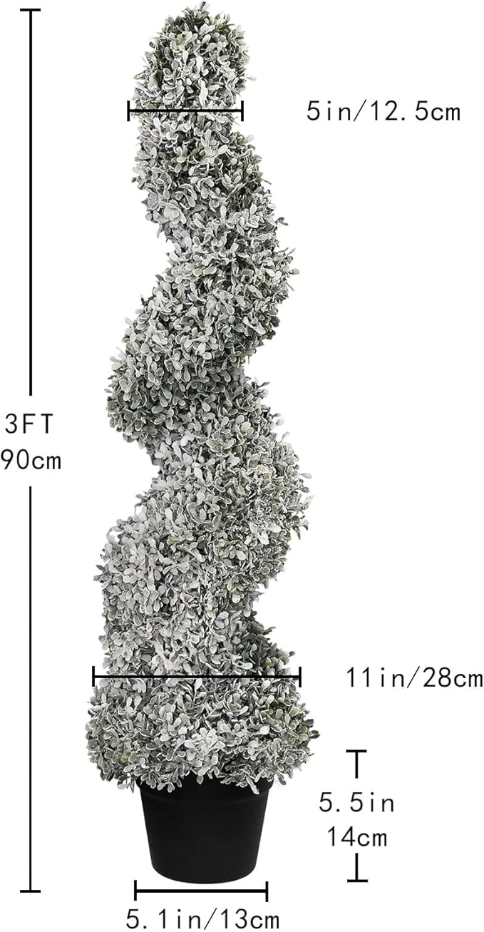 THE BLOOM TIMES 3ft Snow Flocked Spiral Topiary Trees Artificial Outdoor Set of 2, 36" Faux Fake Boxwood Plants for Front Porch Planter, Indoor or Covered Outside Display Decor 3 Foot