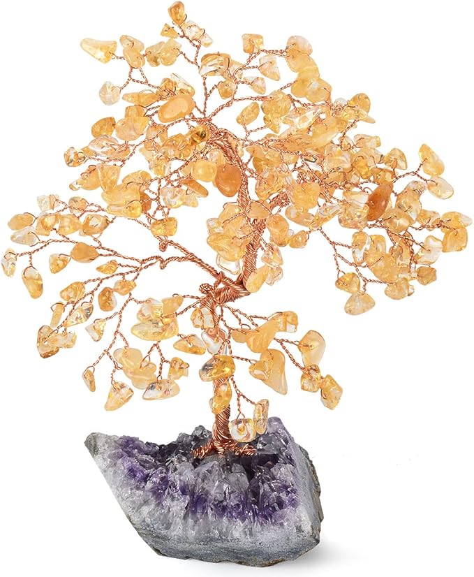 Natural Citrine Crystal Tree with Amethyst Geode Base,Healing Crystals Feng Shui Bonsai Money Tree,Chakra Balancing Positive Energy Home Decor 5.5"-6.3"