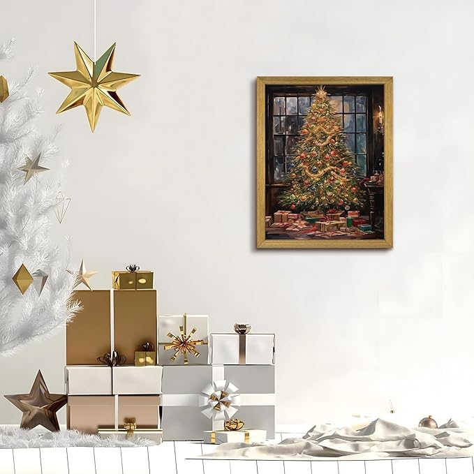 Christmas Canvas Wall Art, Vintage Christmas Tree Decor, Living Room Pine Tree Decorations, Winter Cottagecore, Decor for Bedroom Bathroom Xmas Holiday Decorations Gifts 16x24 Inch Wood Framed