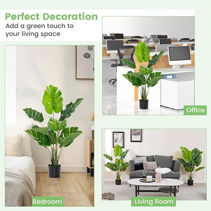 GOFLAME Artificial Monstera Deliciosa Plant, 4ft Potted Faux Tree with 10 Verdant Fake Leaves, Swiss Cheese Plant for Home Decor Indoor, Outdoor, Home, Office, 1 Pack