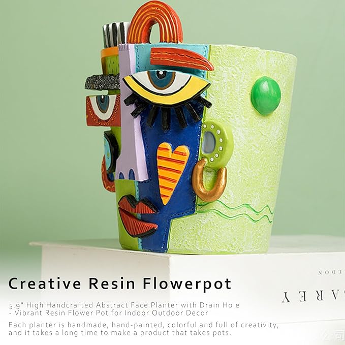 5.9" High Handcrafted Abstract Face Planter with Drain Hole - Vibrant Resin Flower Pot for Indoor Outdoor Decor