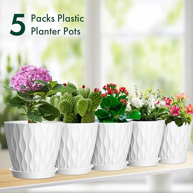 6 inch Flower Pots, 5 Pack Plant Pots for Indoor Outdoor Plants, Water Ripples Plastic Planters with Drainage Holes and Saucers, Nursery Pots for Small Succulent Garden House Plants, White