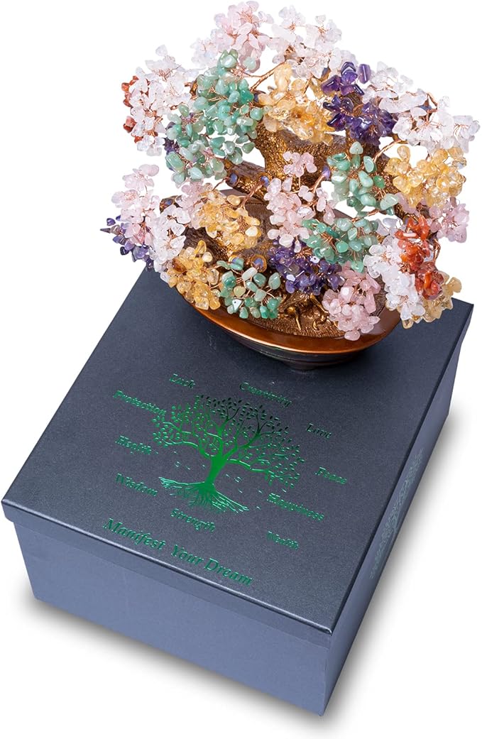 Natural Large Chakra Crystal Tree14, Included Lucky Coins Chain, Tree of Life(1251 Gemstone Count) with Healing Properties- Bonsai Feng Shui Money Tree for Good Luck and Wealth