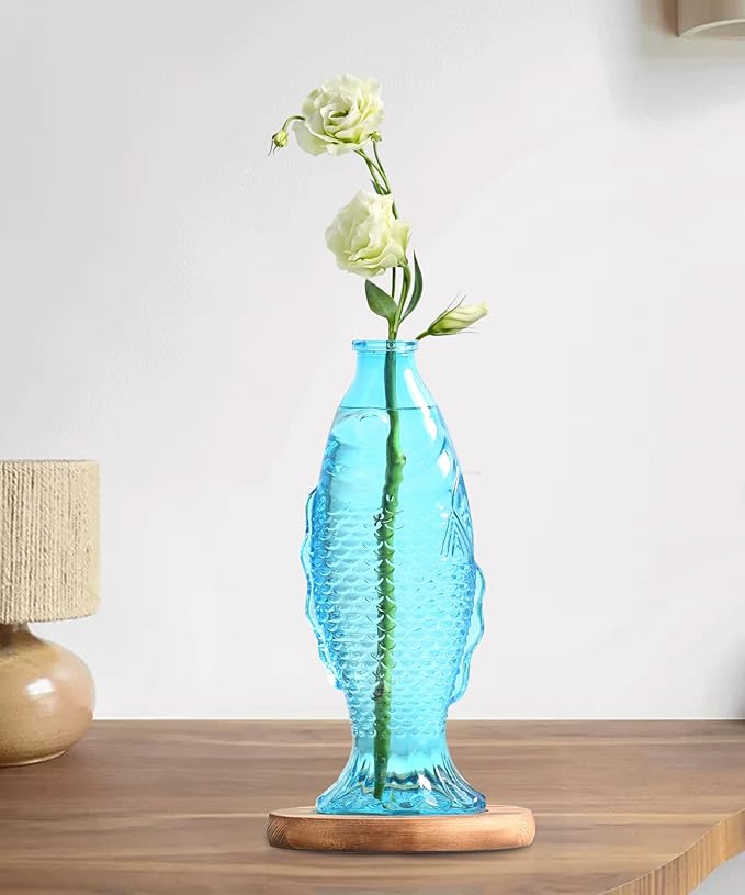 Nacome Fish Vase Propagation Stations: Glass Plant Terrarium with Wooden Stand for Home Office Desk Decor, Unique Gifts for Plant Lovers Women Mom (Blue)