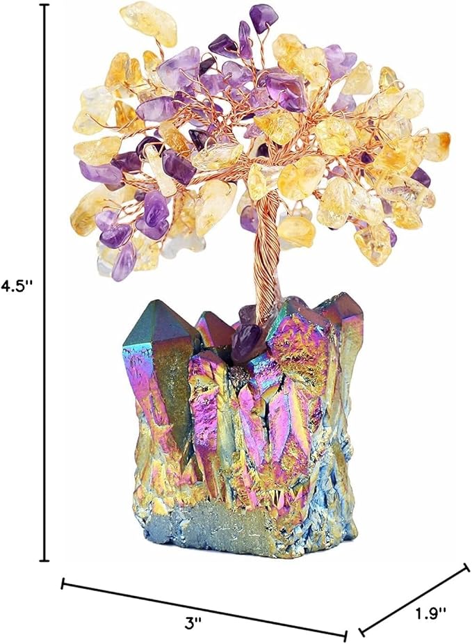 mookaitedecor Citrine & Amethyst Crystal Tree, Quartz Cluster Rainbow Titanium Crystals Base Bonsai Money Tree for Wealth and Luck