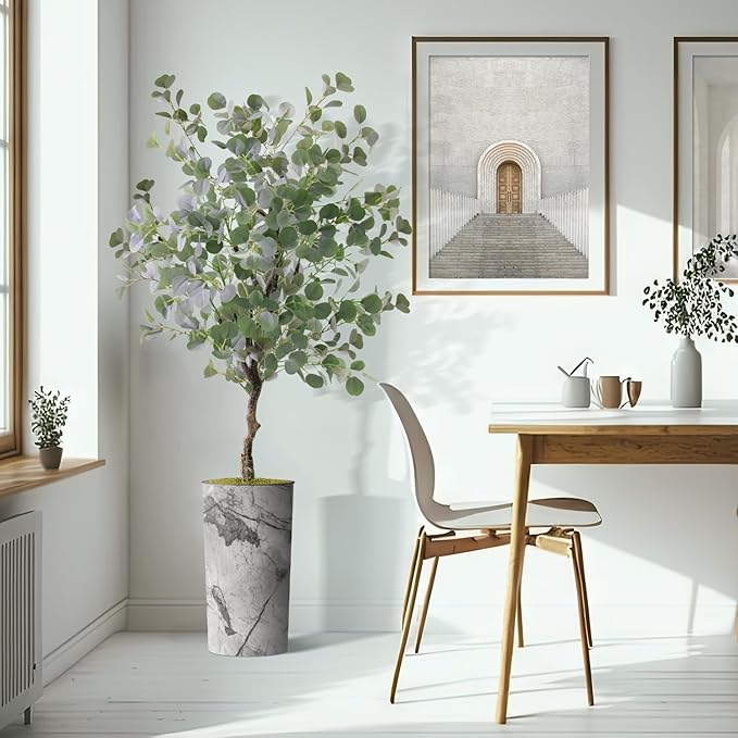 Artificial Tree in Gray Marble Effect Planter, Fake Eucalyptus Silk Tree for Indoor and Outdoor Home Decoration - 66" Overall Tall (Plant Pot Plus Tree)