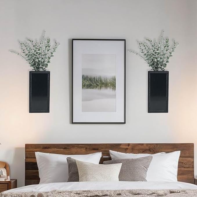 Wood Wall Planter Set of 2, Farmhouse Wall Hanging Decor Pocket Planter for Greenery and Dried Flowers, Rustic Indoor Wood Hanging Vase (Black)