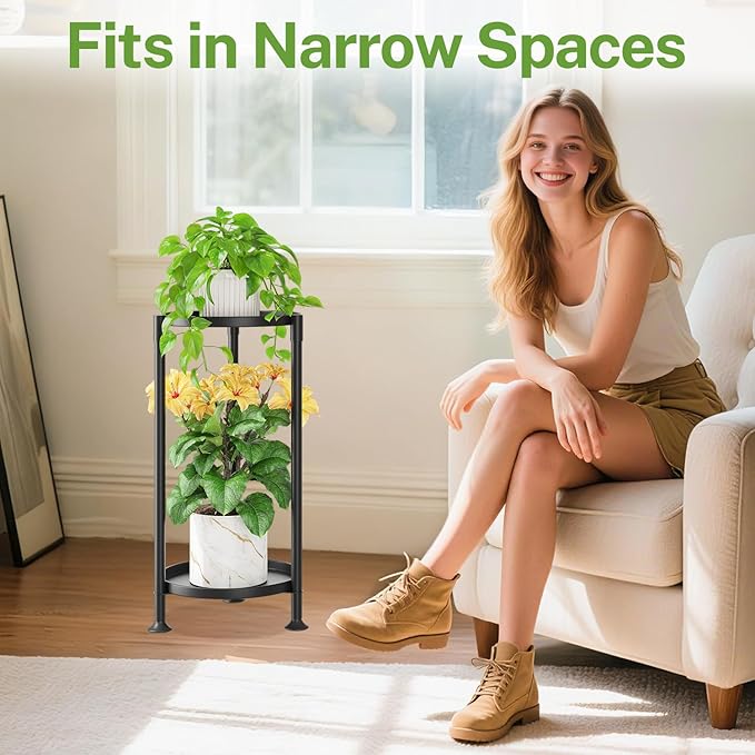 iDavosic.ly 2 Tier Plant Stand Indoor with 10 Inch Wide Tray, Vertical Corner Metal Outdoor Flower Display Holder Shelf, Folding Tall Rack for Patio Porch Living Room, Modern Black
