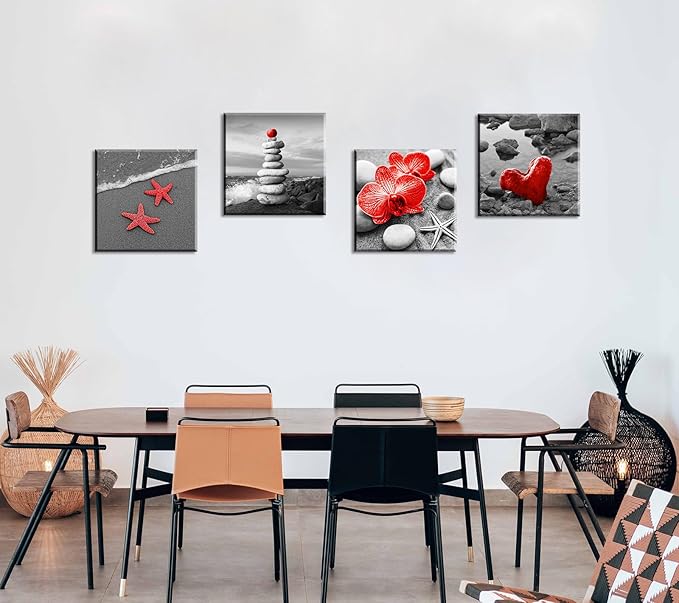 Red Beach Coastal Wall Art Ocean Seascape Painting Prints for Bathroom Decor Zen Ocean Scenery Pictures for Living Room Bedroom Decoration Framed Artwork Ready to Hang 12x12 Inch