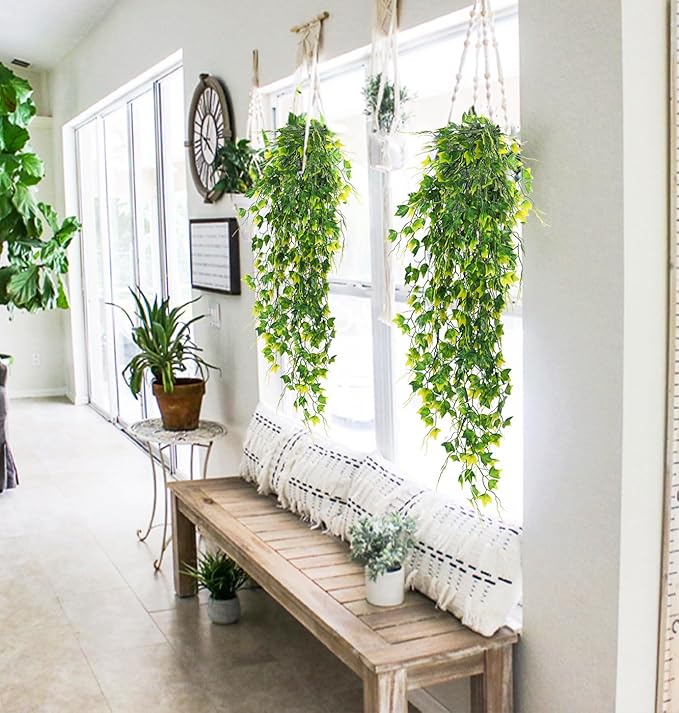 RECUTMS Artificial Plant Fake Plants Artificial Hanging Plants Faux Ivy Plant with Yellow Leaf Fake Hanging Plant Indoor Decoration House Party Garden Room Wall Decor(Yellow)