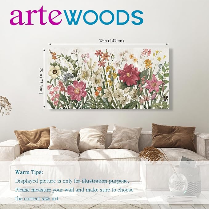 arteWOODS Botanical Canvas Wall Art - Flowers Pictures Wall Decor Wildflowers Plants Painting Artwork Red Beige Blooming Floral Prints for Living Room Bedroom Office Home Decor Ready to Hang 58 x 29in