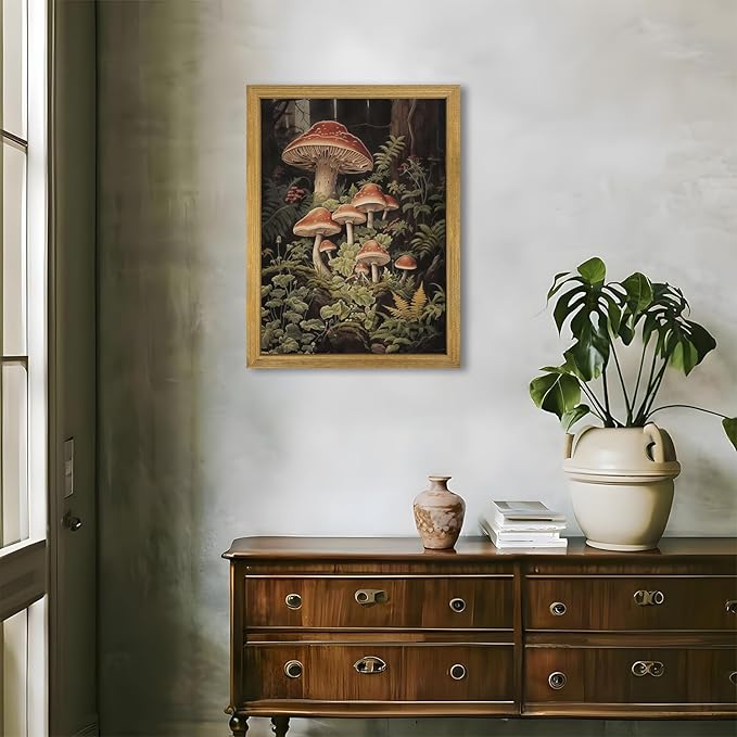 SAMHOU Framed Vintage Kitchen Wall Art, Rustic Woodland Mushroom Wall Decor, 3D Textured Hand Drawn Sandstone Print Painting, for Living Room Bedroom Kitchen 12x16 Inch