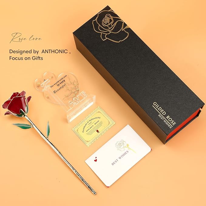 Gold Dipped Infinity Rose Last Forever Flower Decor, Birthday Gift for Women in Her Birthday Mothers Day, Resin Preserved Rose | Anniversary Present for Mom (Red)