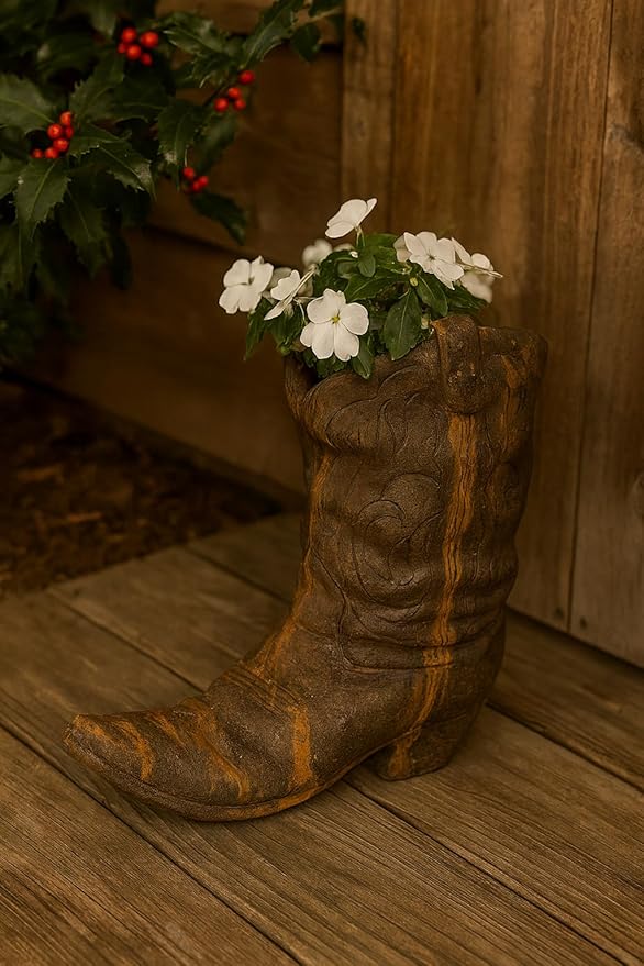 Western Boot Planter – 21" Tall Heavy 81 lb Cast Concrete Cowboy Boot Outdoor Planter, Rustic Western Garden Décor, Durable Weatherproof Stone Flower Pot